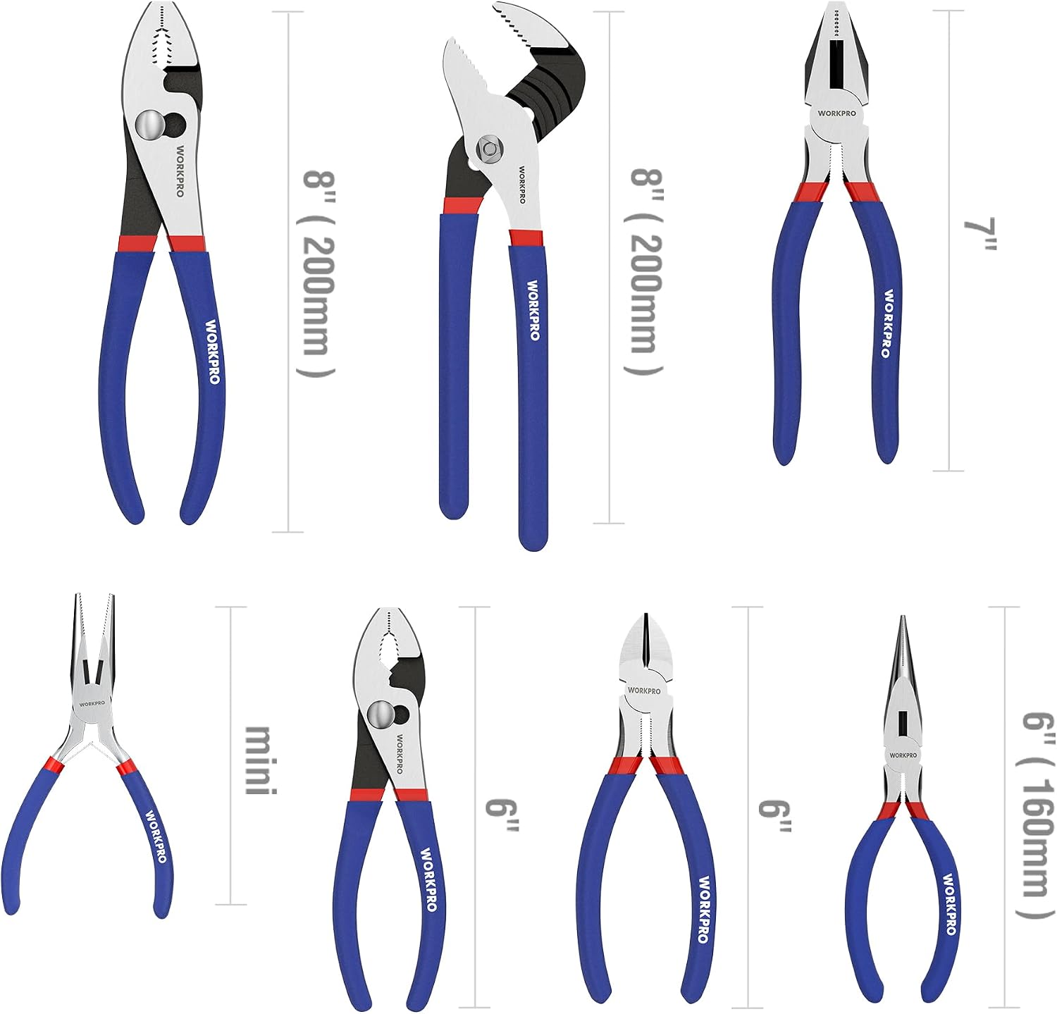 WORKPRO 7-Piece Pliers Set, Pliers Tool Set with Comfort Grip, Blue | Groove Joint Plier, Long Nose Pliers, Slip Joint Pliers, Linesman Plier, Diagonal Pliers for DIY & Home Use - Image 2