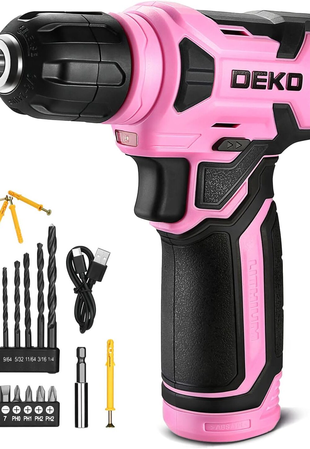 DEKOPRO 8V Cordless Drill, Drill Set with 3/8"Keyless Chuck, 42pcs Acessories, Built-in LED, Type-C Charge Cable, Pink Power Drills for Drilling and Tightening/Loosening Screws