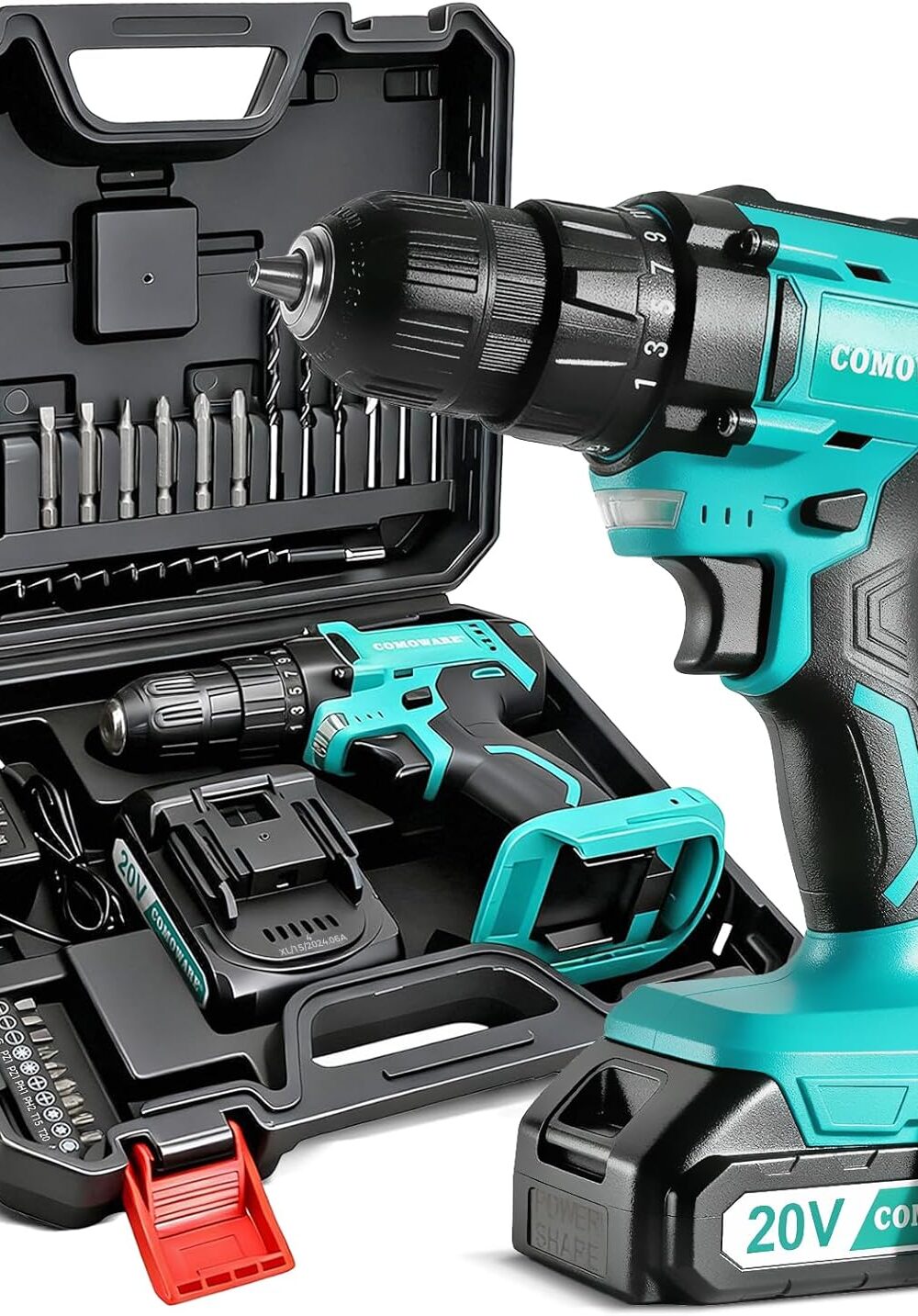 COMOWARE Cordless Drill, Electric Power Drill & Bits Set w/Charger& Battery | with 1 Battery & Charger, 3/8" Keyless Chuck, 2 Variable Speed, 266 In-lb Torque, 25+1 Position and 34pcs Power/Driver Bits