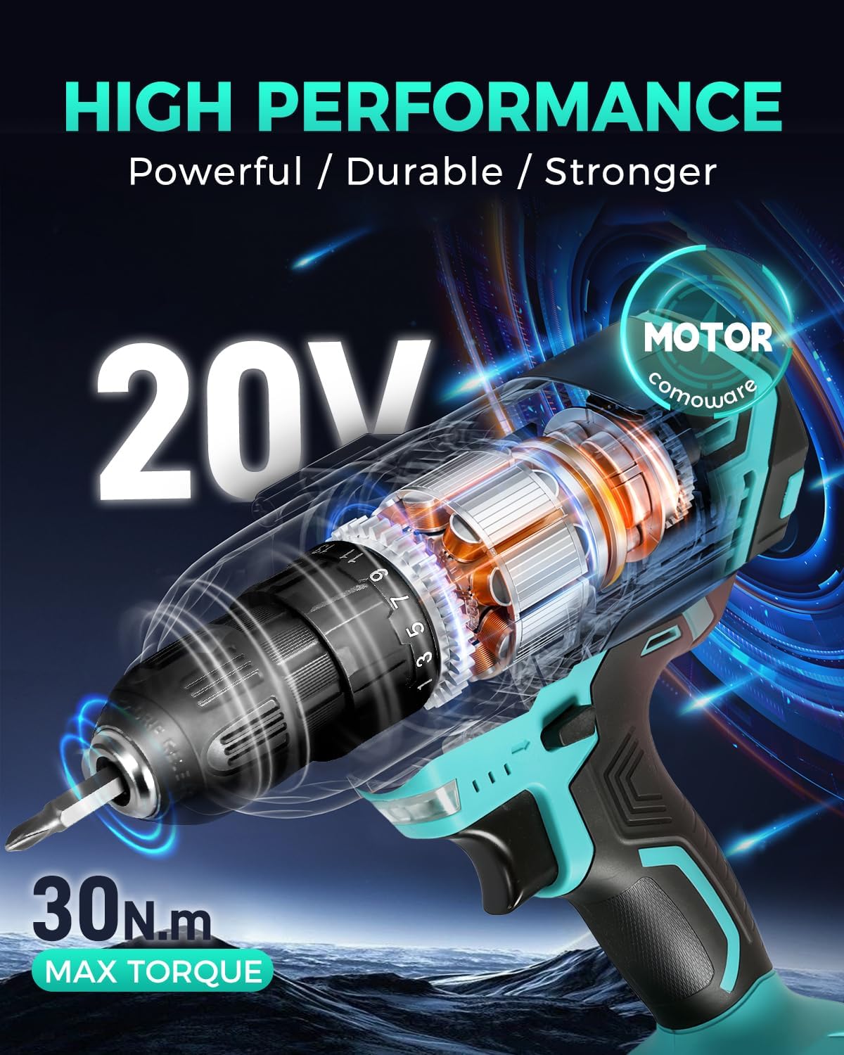 COMOWARE Cordless Drill, Electric Power Drill & Bits Set w/Charger& Battery | with 1 Battery & Charger, 3/8" Keyless Chuck, 2 Variable Speed, 266 In-lb Torque, 25+1 Position and 34pcs Power/Driver Bits - Image 2