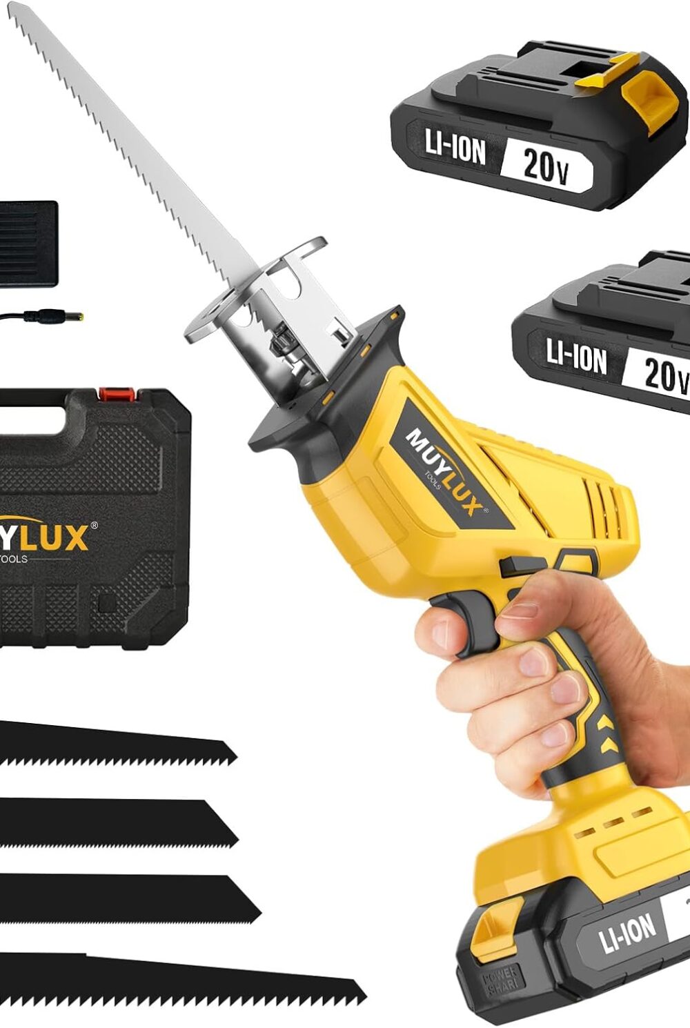 Cordless Reciprocating Saw, Electric Saw with Battery and Charger, 20V Battery Power Saws, 0-3500 SPM Variable Speed, Tool-Free Change, 4 PCS Blades for Wood PVC Metal Pipe Tree Cutting, 2 Batteries